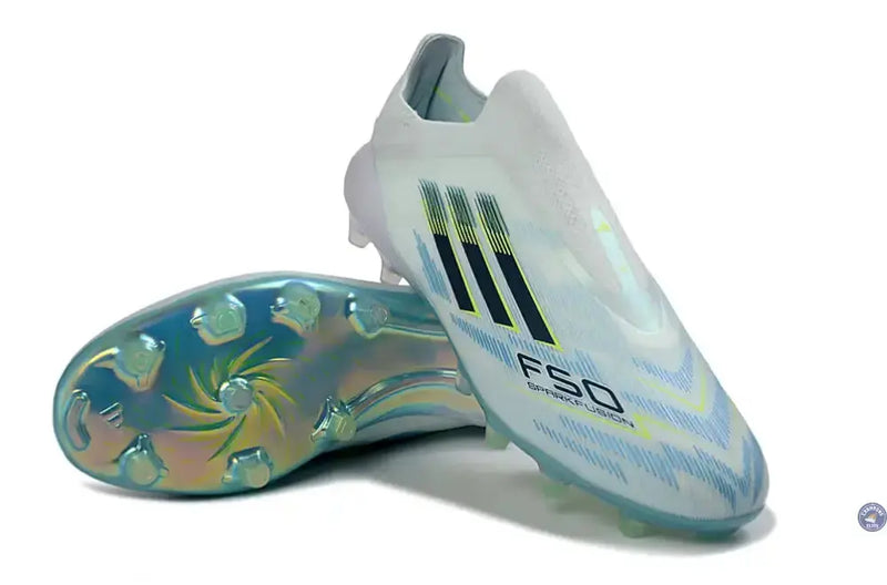 Adidas F50 Sparkfusion League Low Cut Laceless FG Ice Cold Precision - Bleu/Dune Pearl/Jaune — visuel 2 sur 4